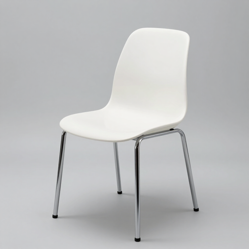 Silla moderna blanca con patas cromadas sobre un fondo gris liso.