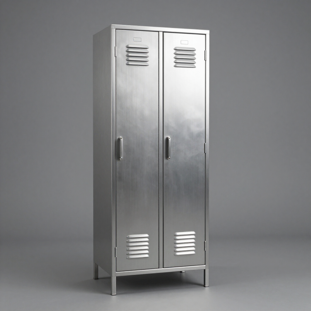 Taquilla alta de metal plateado con dos puertas y rejillas de ventilación sobre un fondo liso.