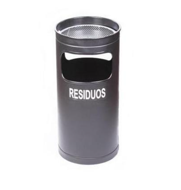 Cubo de basura cilíndrico gris con la etiqueta “RESIDUOS”, abertura negra y tapa de malla plateada.