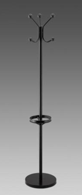 Perchero independiente negro con soporte para paraguas y base circular sobre fondo gris.