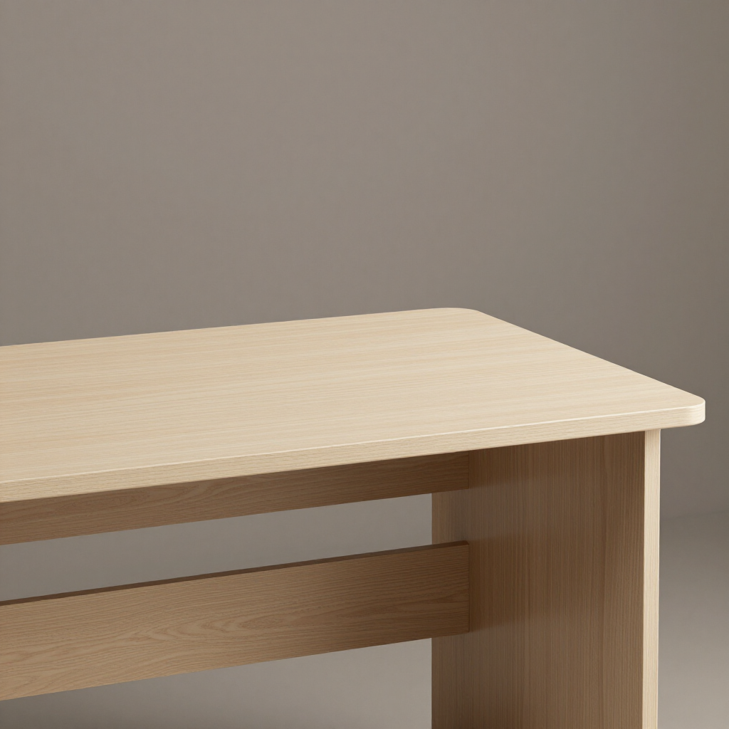 Esquina de mesa de madera clara con borde redondeado y estante inferior contra una pared beige.