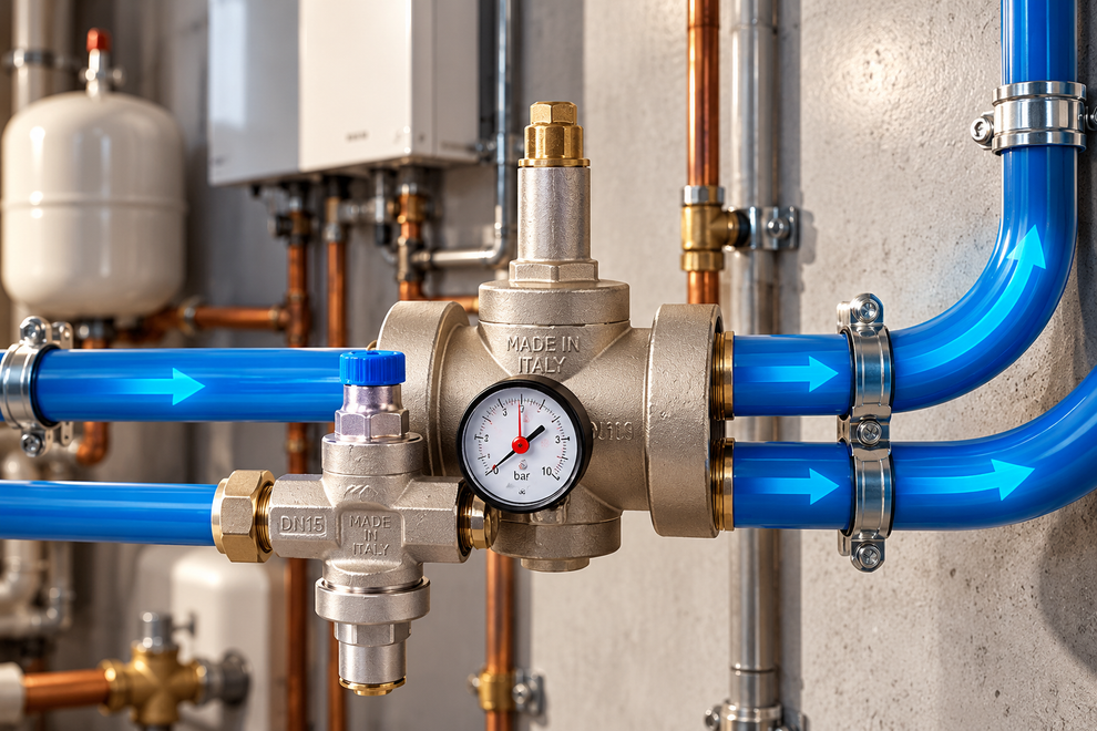 Tubazioni industriali blu con frecce, valvole e un manometro in un sistema meccanico