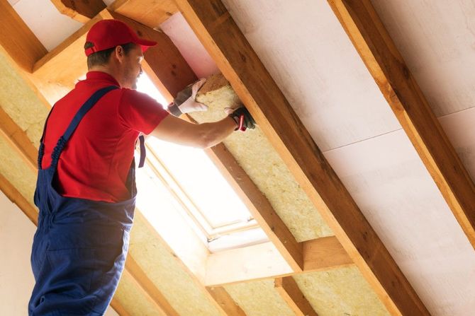 Worker installing insulation in an attic with exposed wooden beams and a skylight