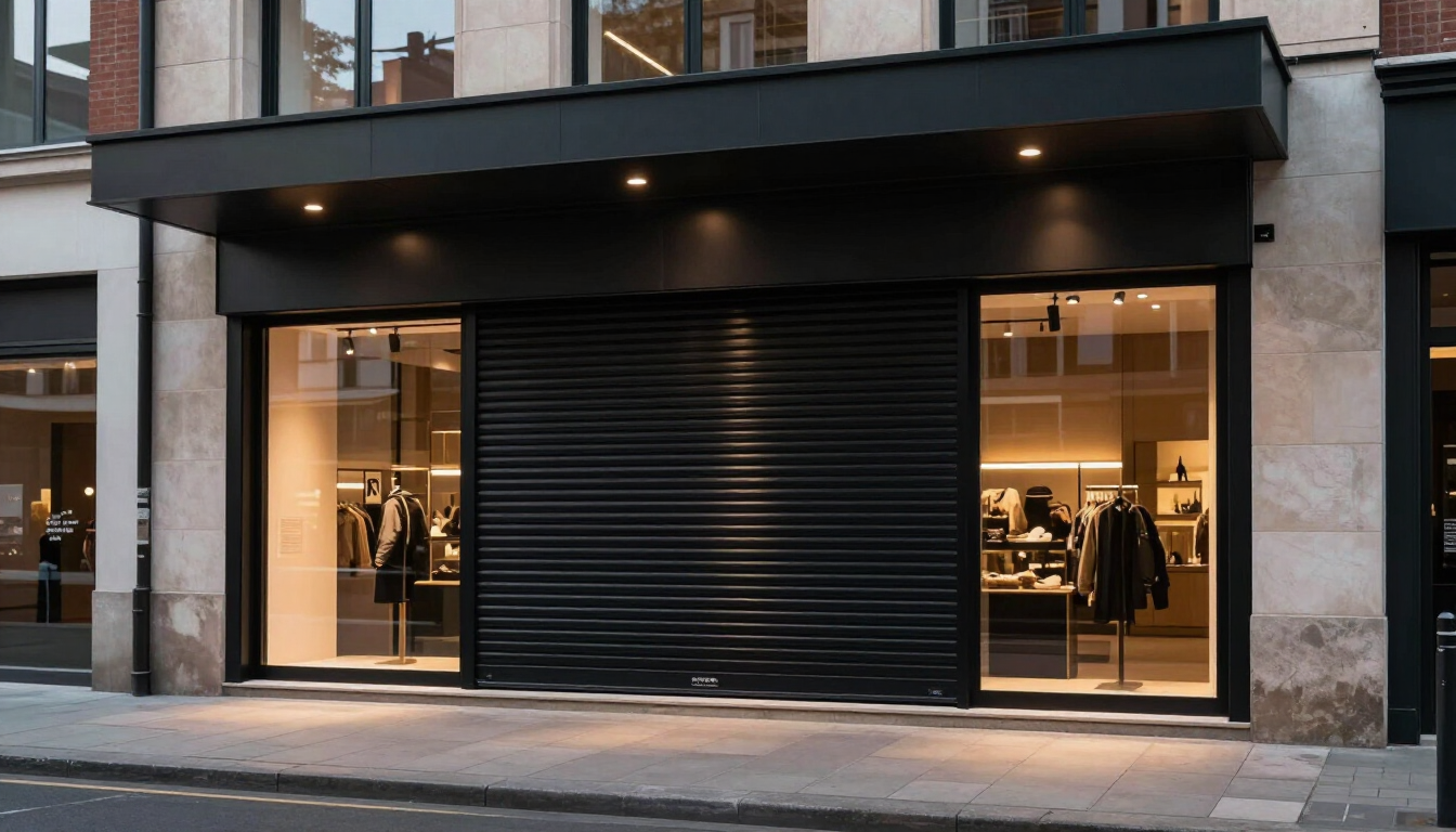 Closed storefront with black metal shutter, flanked by lit display windows on a city street