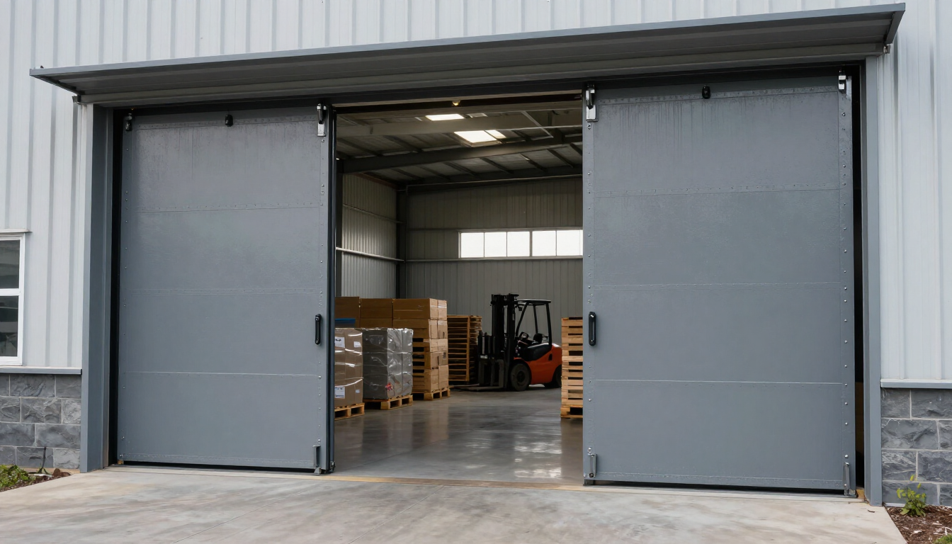 Open warehouse bay with raised gray rolling doors and stacked pallets inside
