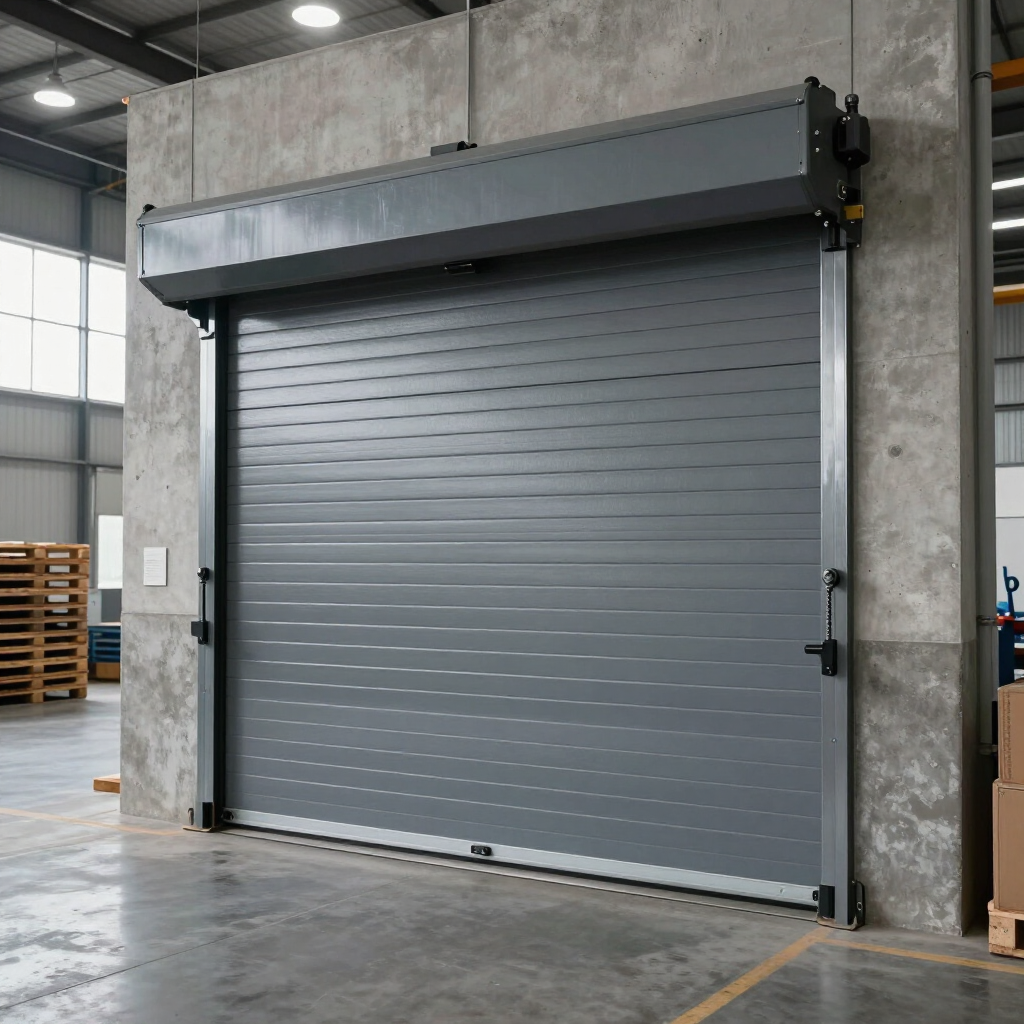 Gray industrial roll-up door on a concrete warehouse wall