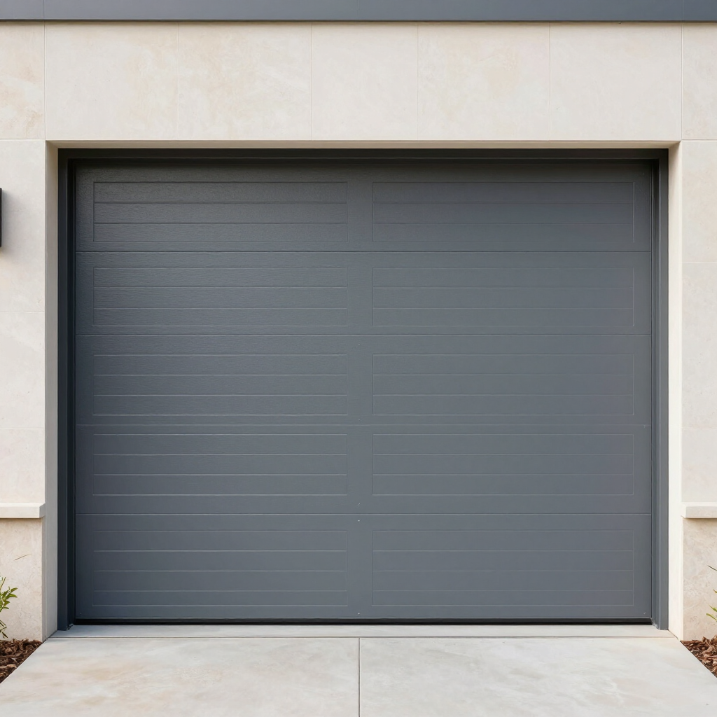 Closed gray garage door in a light-colored exterior wall