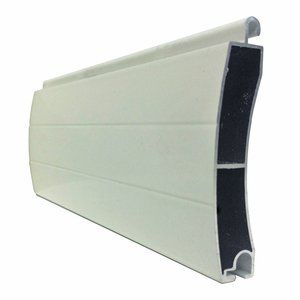 A close up of a white aluminum shutter on a white background.
