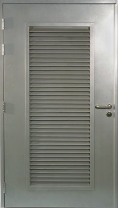 A stainless steel door with a window and shutters on it.