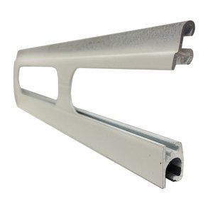 A white metal bar with a hole in the middle on a white background.