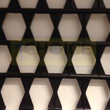 A close up of a shelf with white hexagons on it.