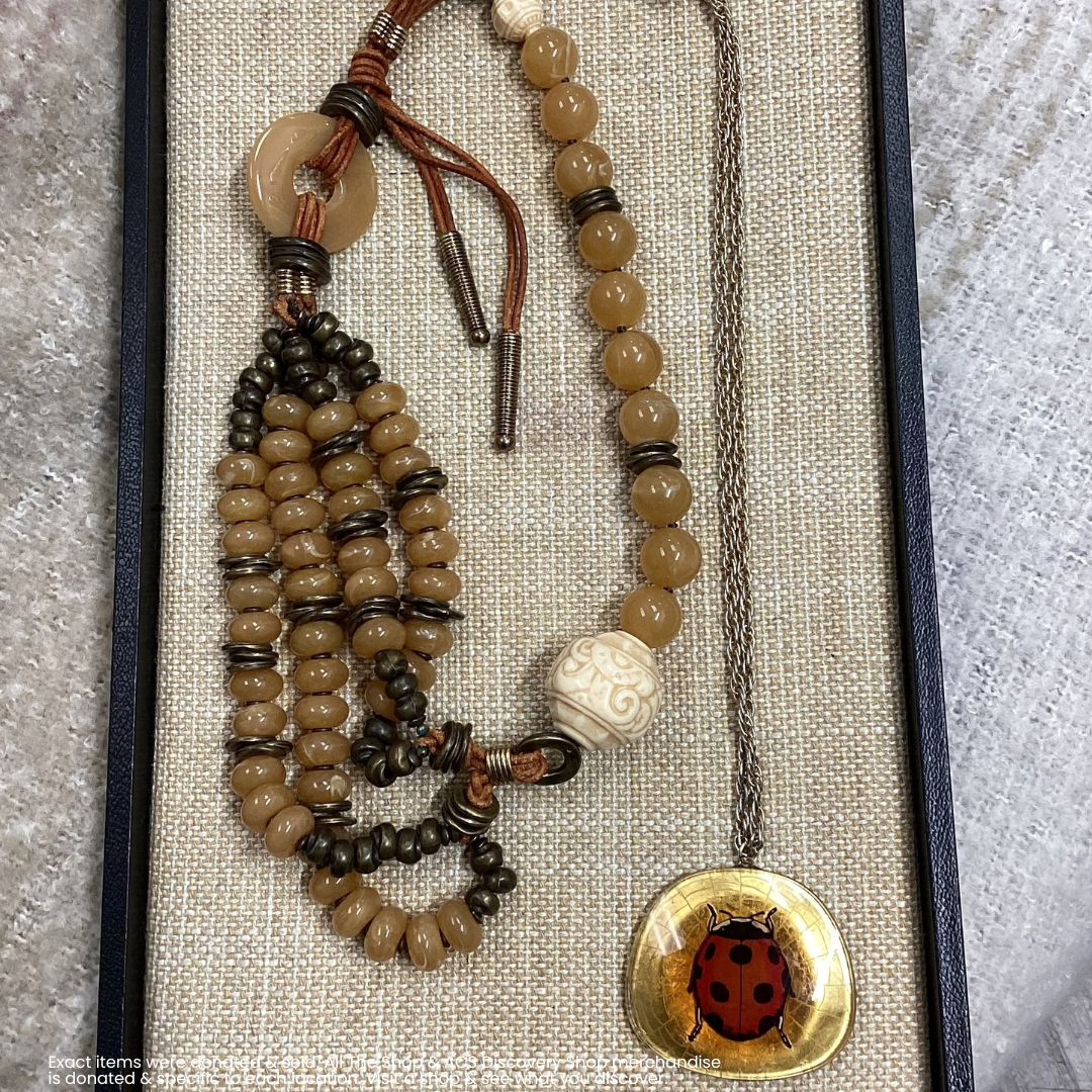 Brown beaded necklace with tassel on beige fabric, plus a round ladybug pin at the bottom right