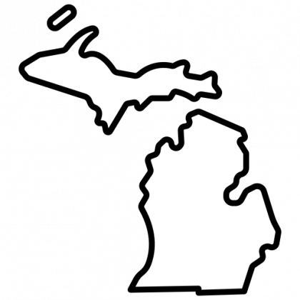 Black outline map of Michigan, showing Upper and Lower Peninsulas