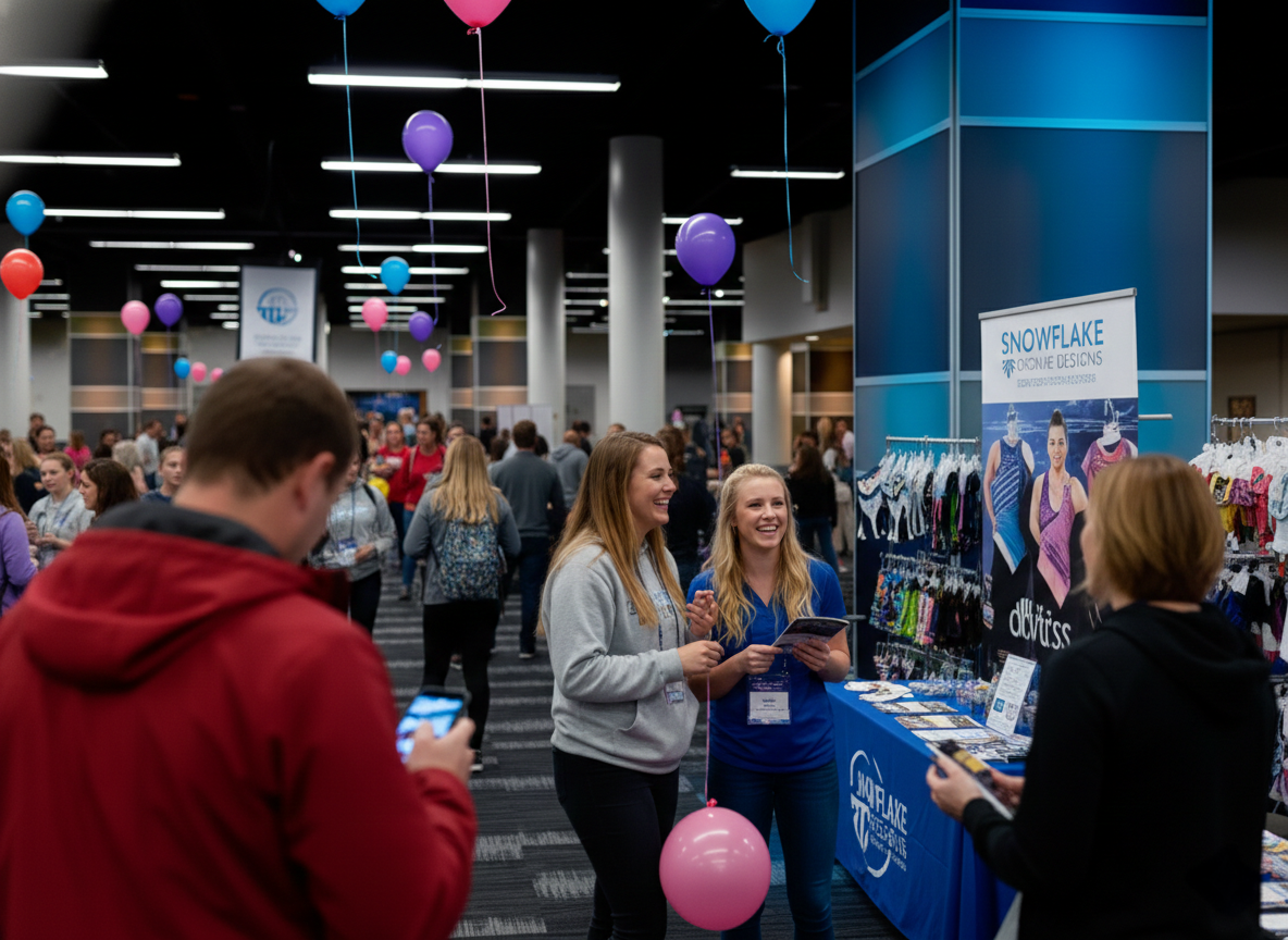 People at a convention booth, balloons overhead. Two women smiling, one showing catalog.