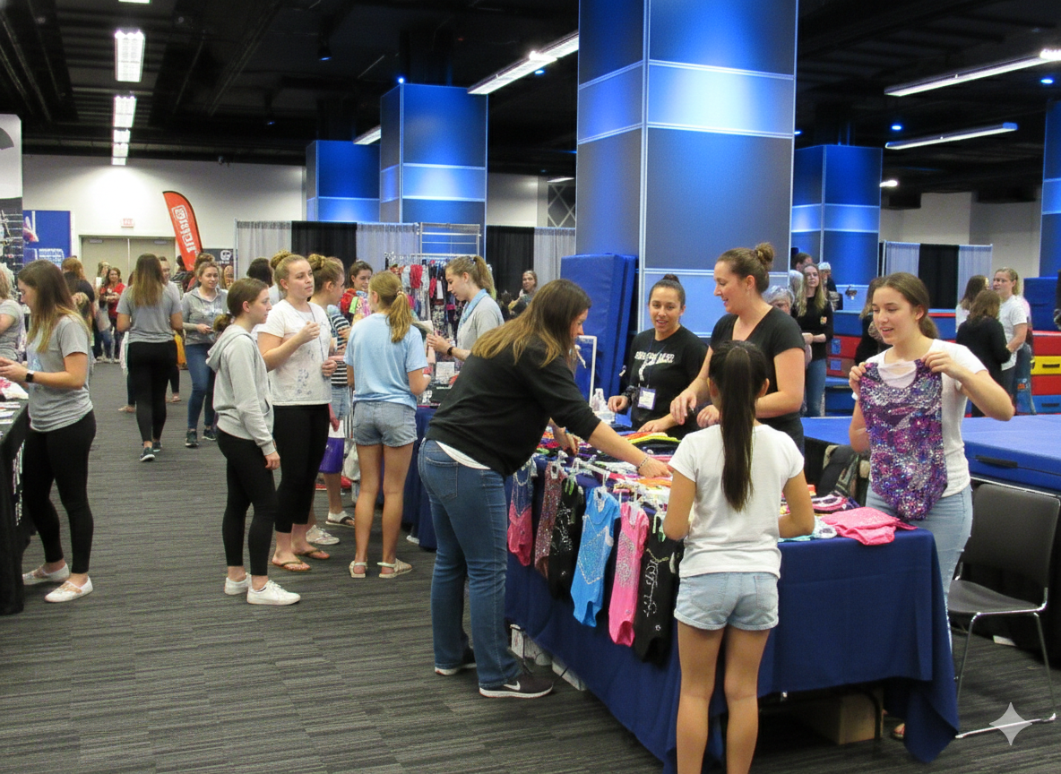 People browse a table of apparel at an event. Dark blue table, blue pillars, and people in the background.