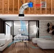 Water pipe pouring into a modern living room, with a wall opened to a snowy outdoor view.