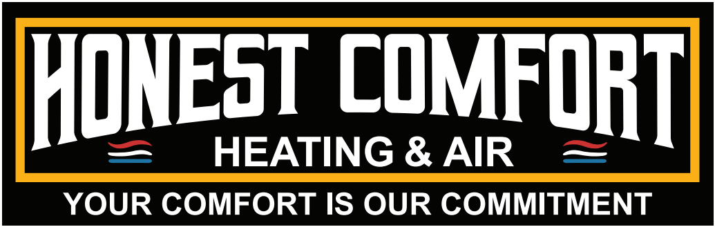 Honest Comfort Heating & Air logo on black background with slogan &ldquo;Your Comfort is Our Commitment&rdquo;