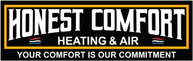 Honest Comfort Heating & Air logo on black background with slogan “Your Comfort is Our Commitment”