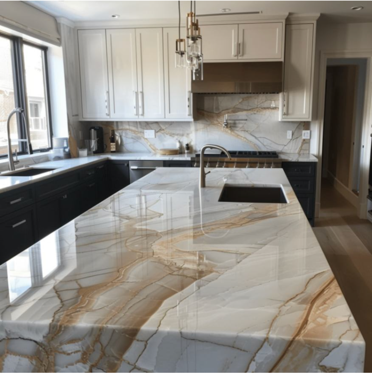 Modern kitchen with large marble island, black lower cabinets, white uppers, and a window by the sink