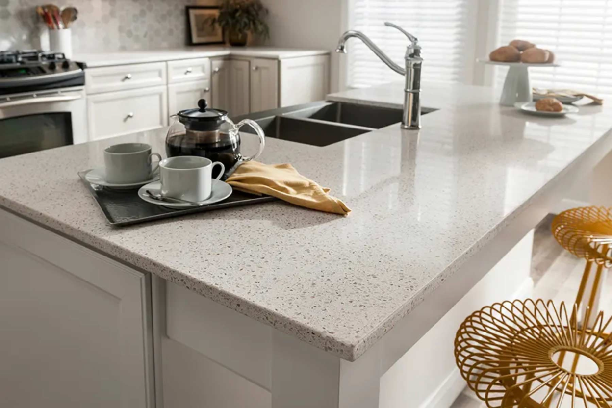 Modern kitchen island with breakfast tray, coffee cups, teapot, and sink faucet