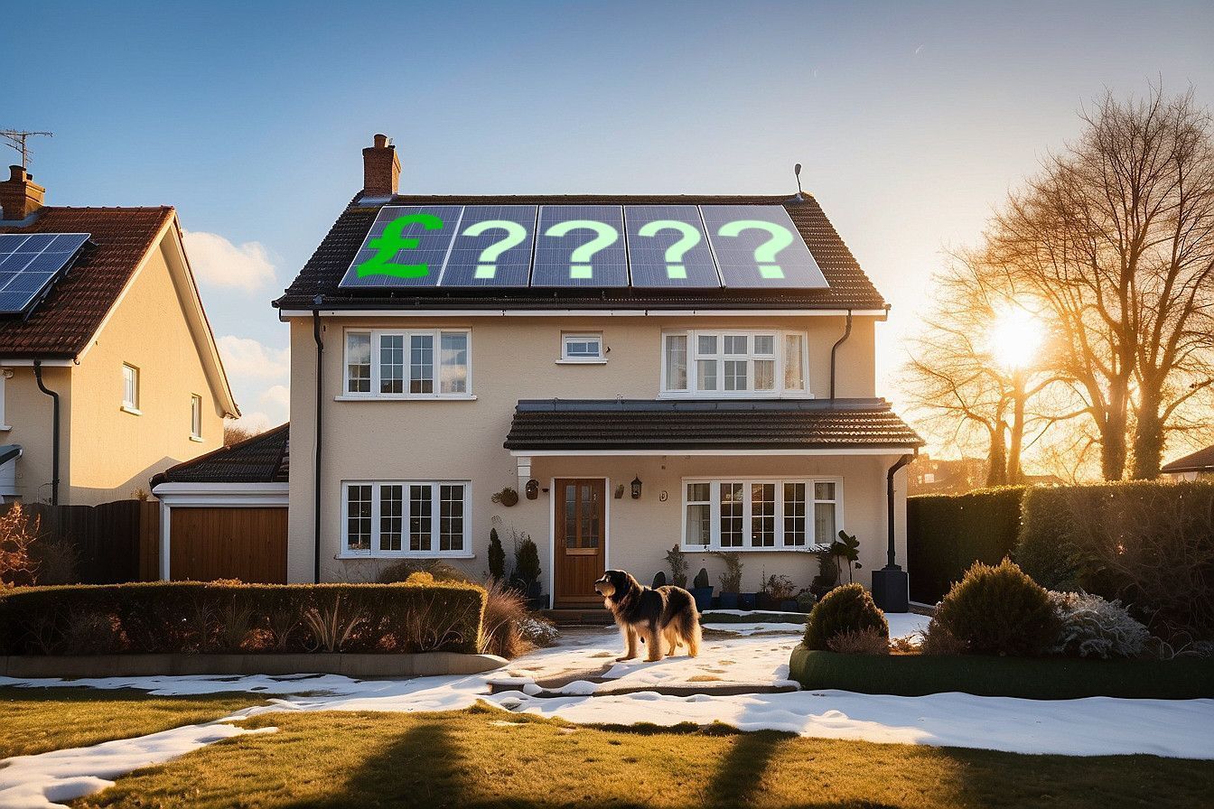 a house with solar panels on the roof with cost sign in £ .