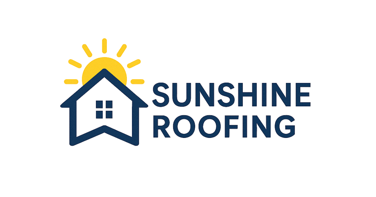 Logo for Sunshine Roofing: blue house with sunburst and text