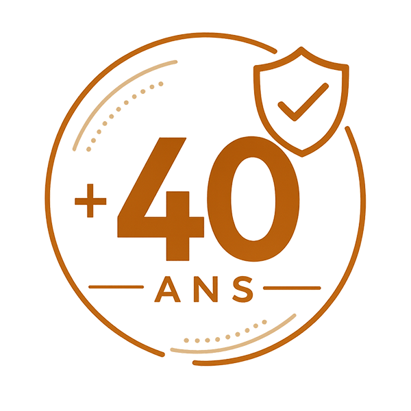 +40 ans badge orange avec icône de coche en forme de bouclier
