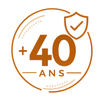 +40 ans badge avec coche en forme de bouclier orange et blanc