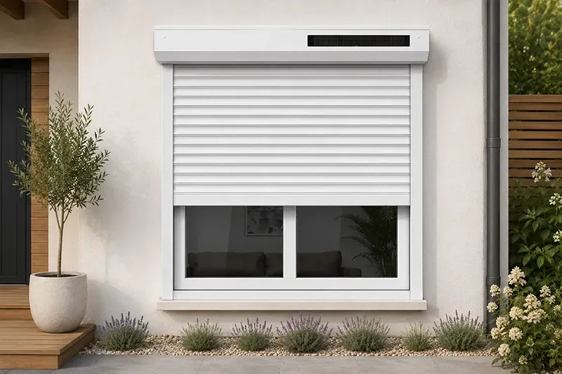 Extérieur de la maison avec un volet blanc fermé, une plante en pot et un petit parterre de jardin.