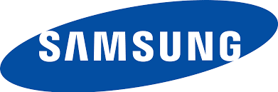 A blue samsung logo on a white background