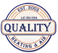 A circular logo for "Quality Heating & Air" with navy blue text and borders, including "EST. 2003" and "LIC 821934".