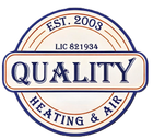 A circular logo for "Quality Heating & Air" with navy blue text and borders, including "EST. 2003" and "LIC 821934".