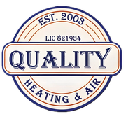 A circular logo for "Quality Heating & Air" with navy blue text and borders, including "EST. 2003" and "LIC 821934".