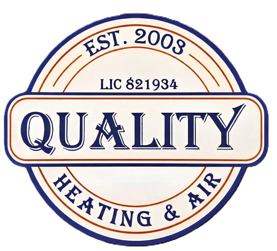 A circular logo for "Quality Heating & Air" with navy blue text and borders, including "EST. 2003" and "LIC 821934".