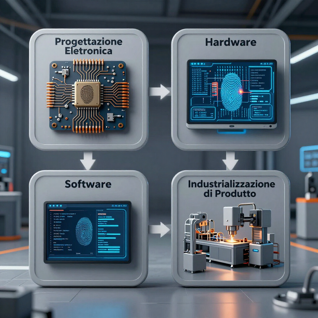Diagramma del flusso di lavoro tecnologico a quattro pannelli: progettazione elettronica, hardware, software e industrializzazione del prodotto.