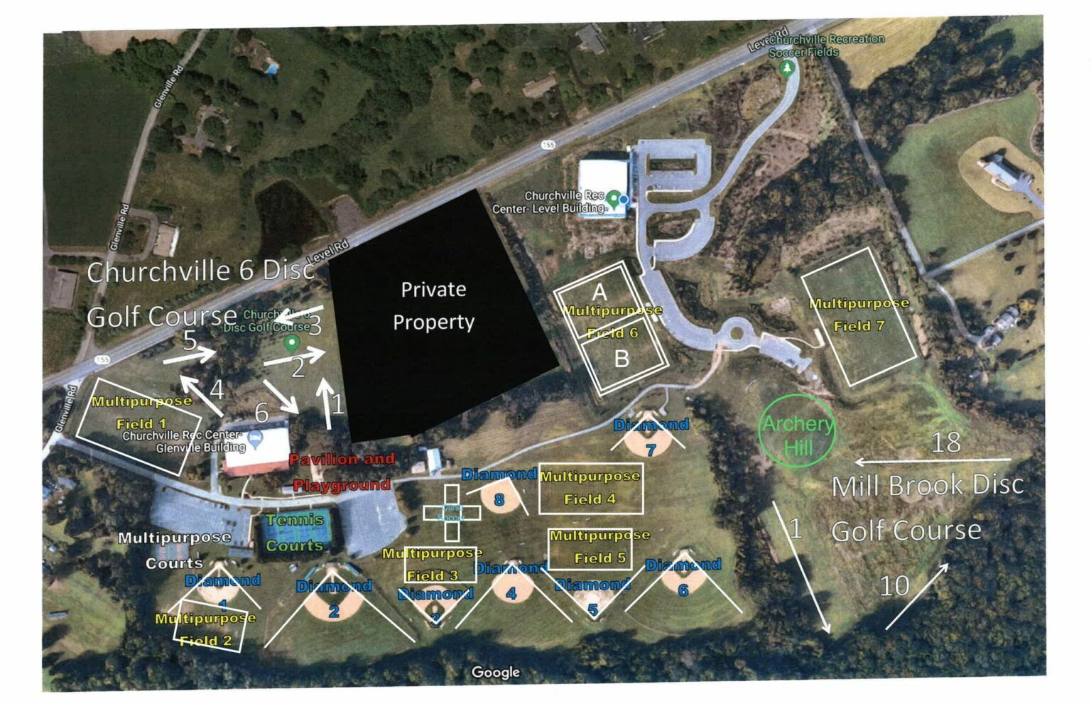 Annotated aerial map of a property with labeled paths, buildings, and boundary lines