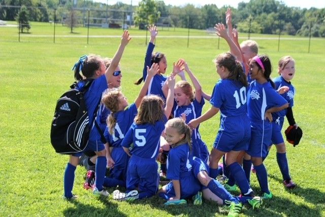 Youth soccer team in blue uniforms celebrating with raised hands on a sunny grassy field