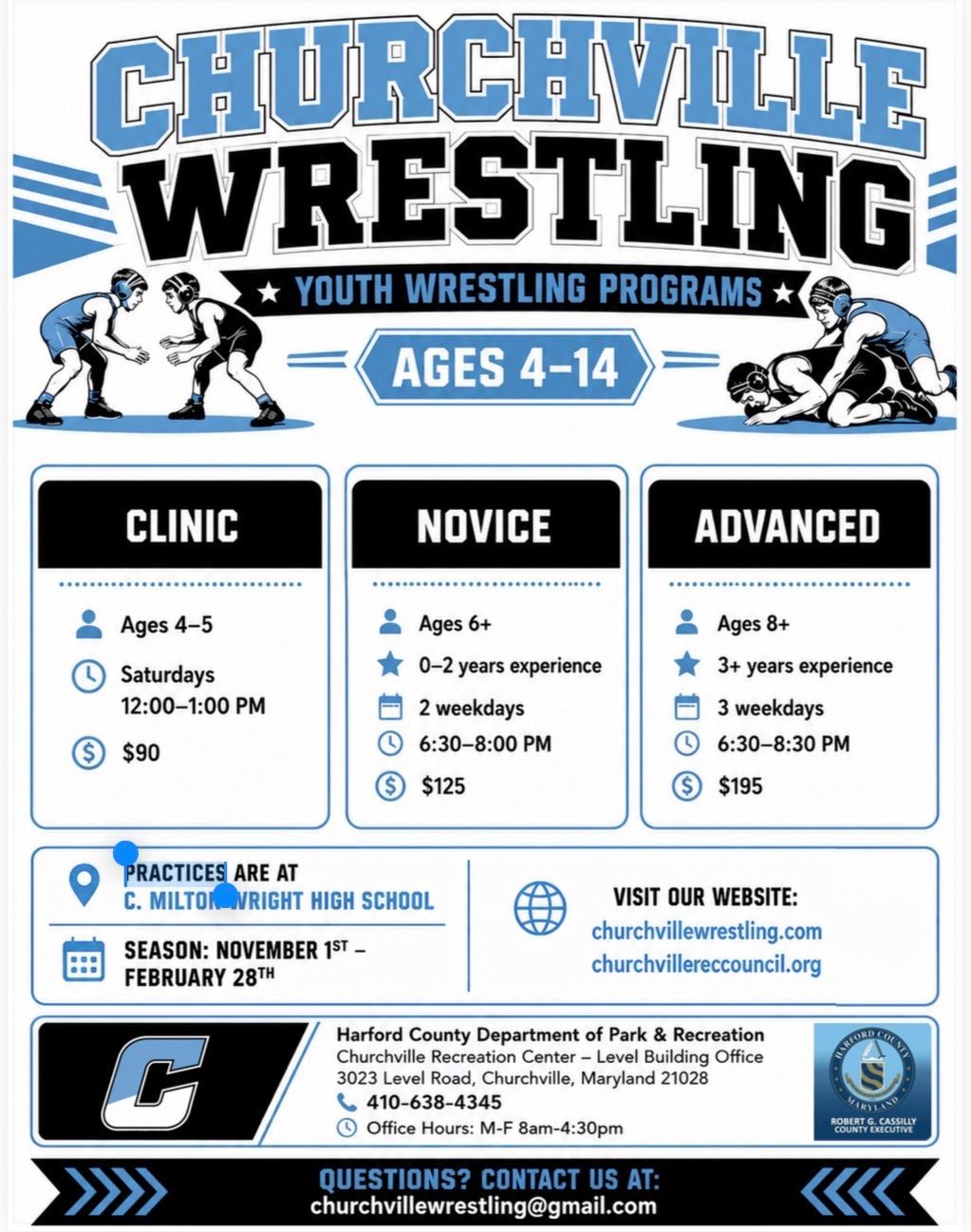 Churchville Wrestling flyer for ages 4–14 with clinic, novice, and advanced program details in blue and black.