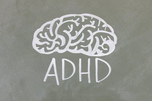 A grey background with white text saying “ADHD” and a drawing of a brain. ADHD and Substance Abuse