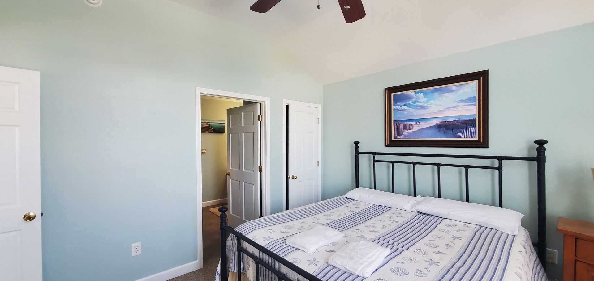 Bright bedroom with light blue walls, black metal bed frame, and open closet door.