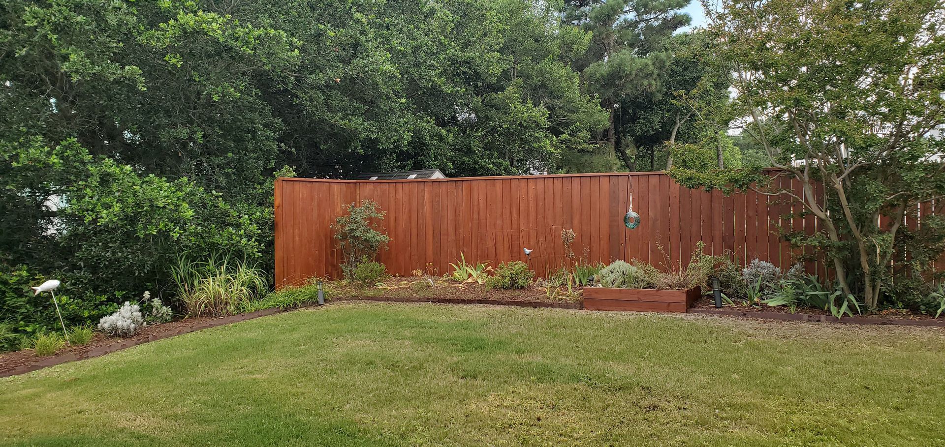 Backyard with a red wooden fence, green lawn, and dense trees and shrubs behind it