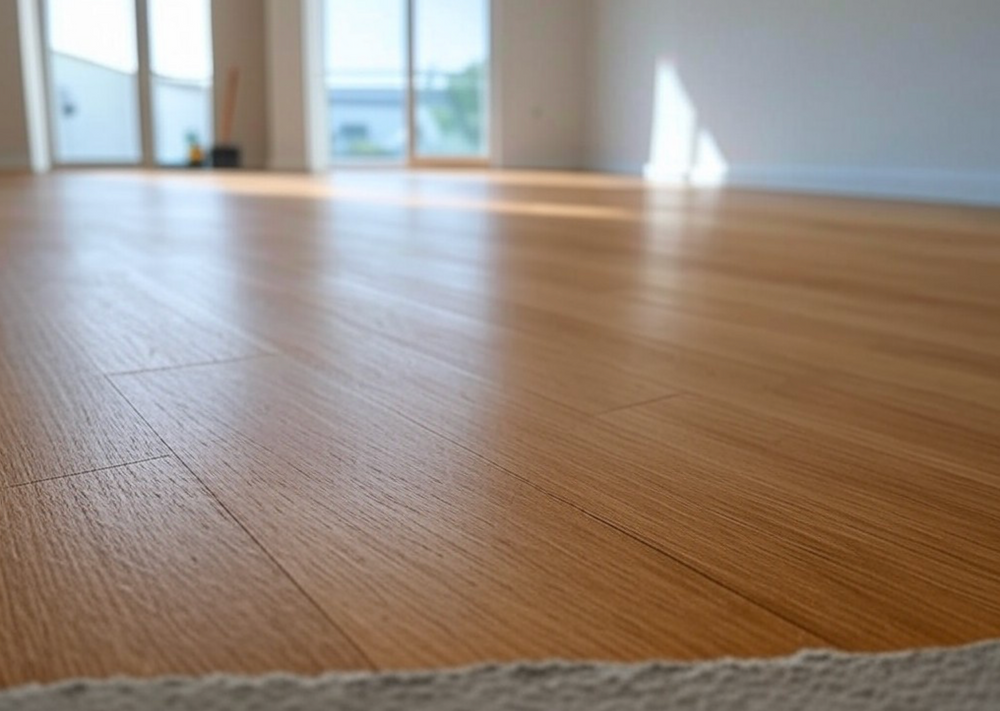 Empty sunlit room with light wood flooring and large windows in the background