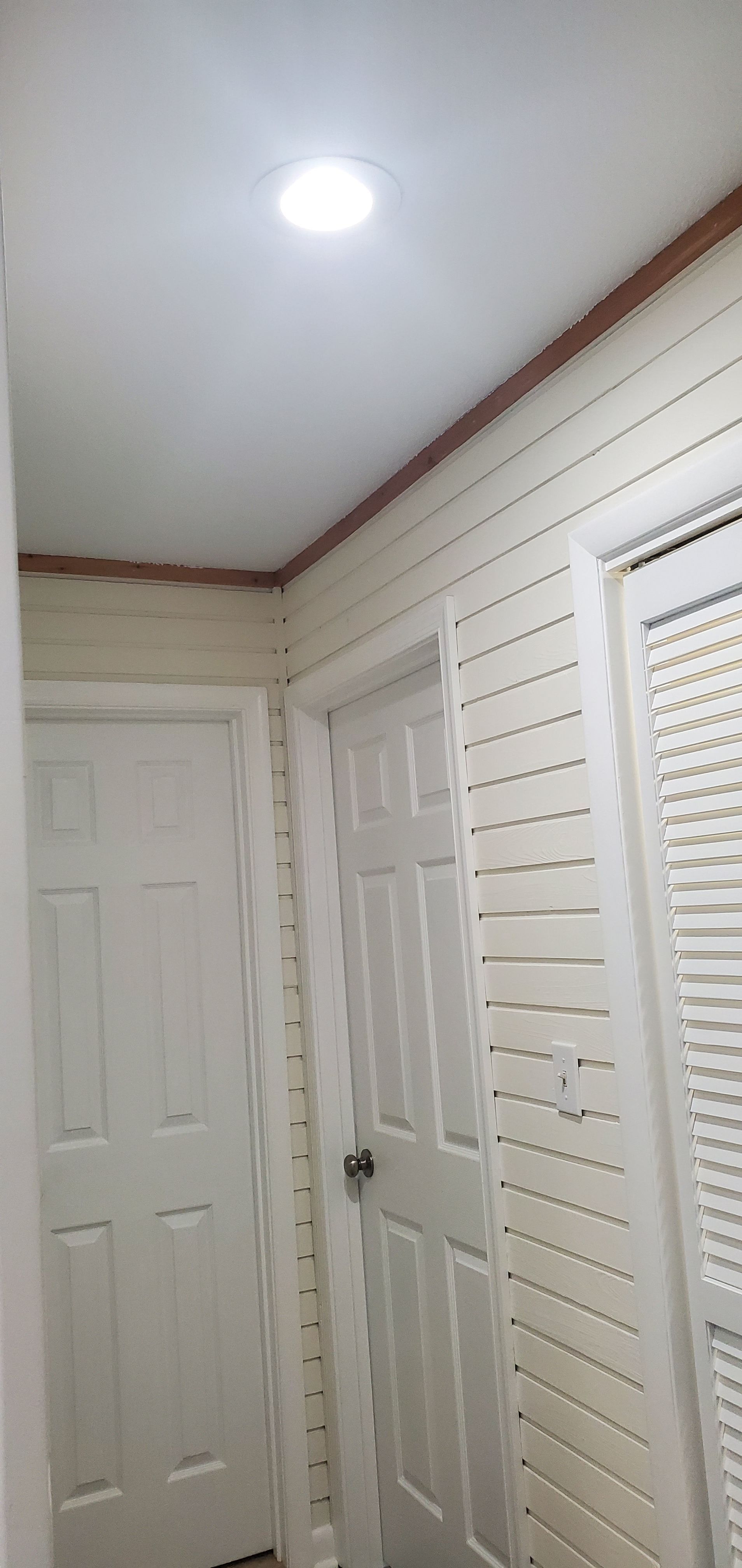Narrow hallway with white paneled doors, louvered closet doors, and a ceiling light.