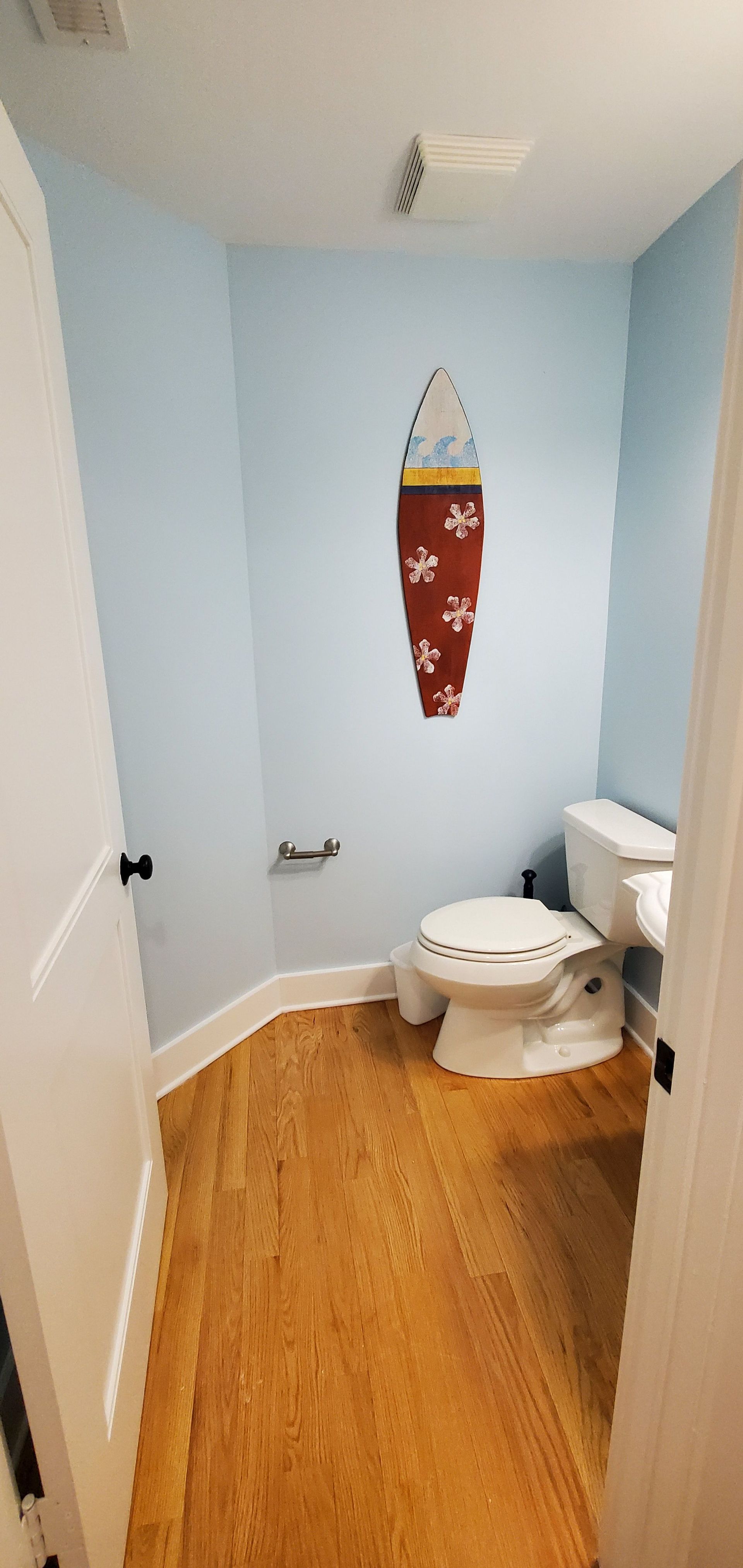 Small bathroom with light blue walls, wood floor, white toilet, and red wall hanging.