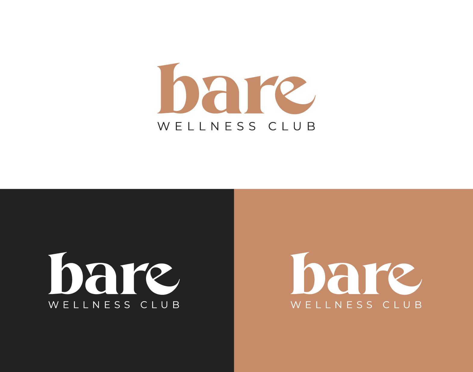A logo for bare wellness club is shown on a white , black , and brown background.