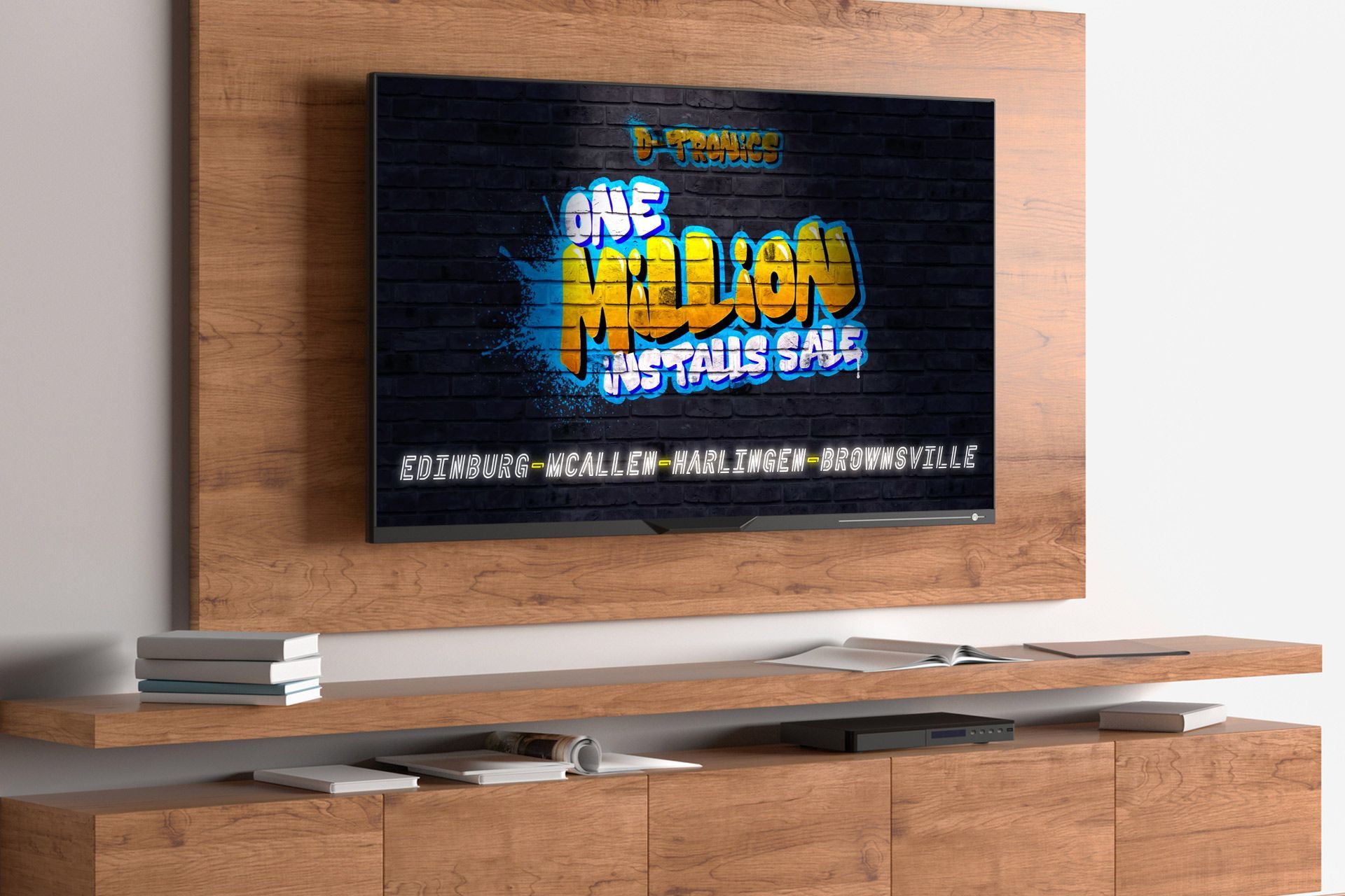 A television is hanging on a wall above a wooden entertainment center.