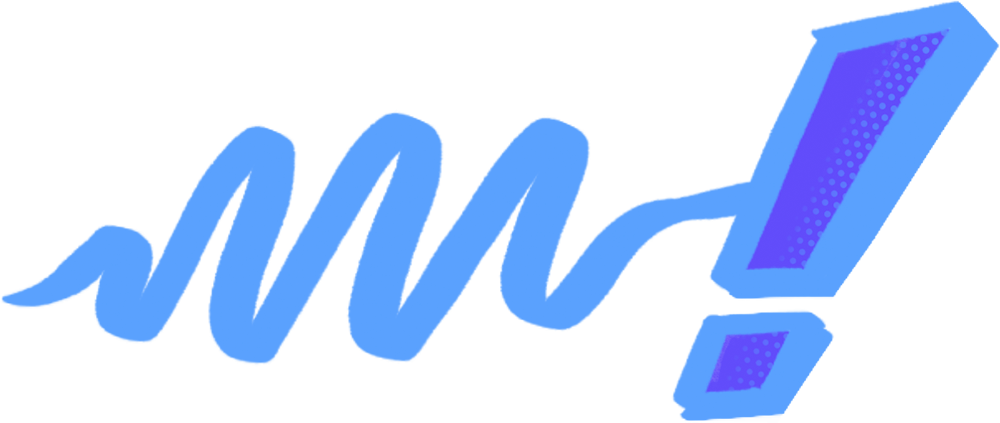 A blue swirl with a purple exclamation point on a white background.