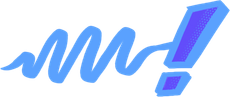A blue swirl with a purple exclamation point on a white background.