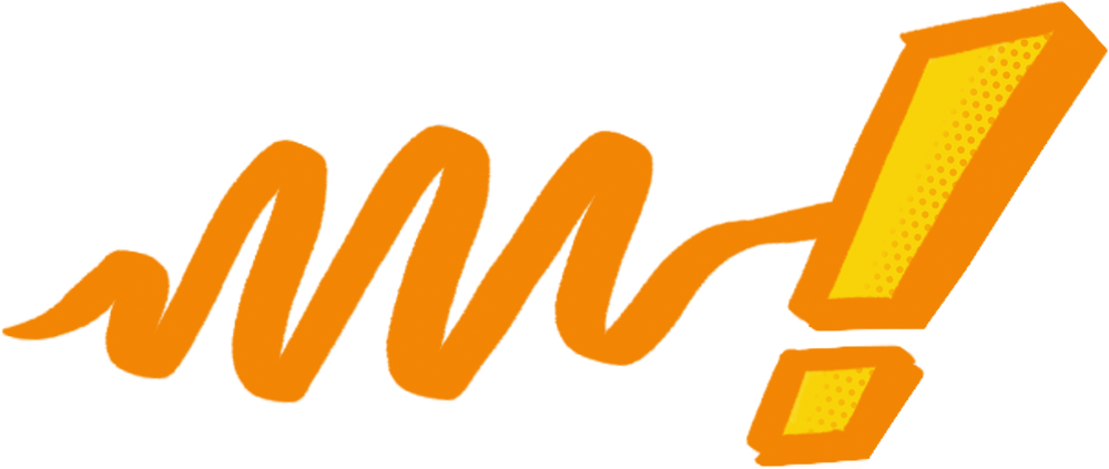 An orange swirl and a yellow exclamation point on a white background