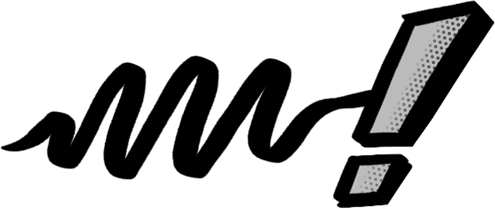 A black and white drawing of a wave and an exclamation point.